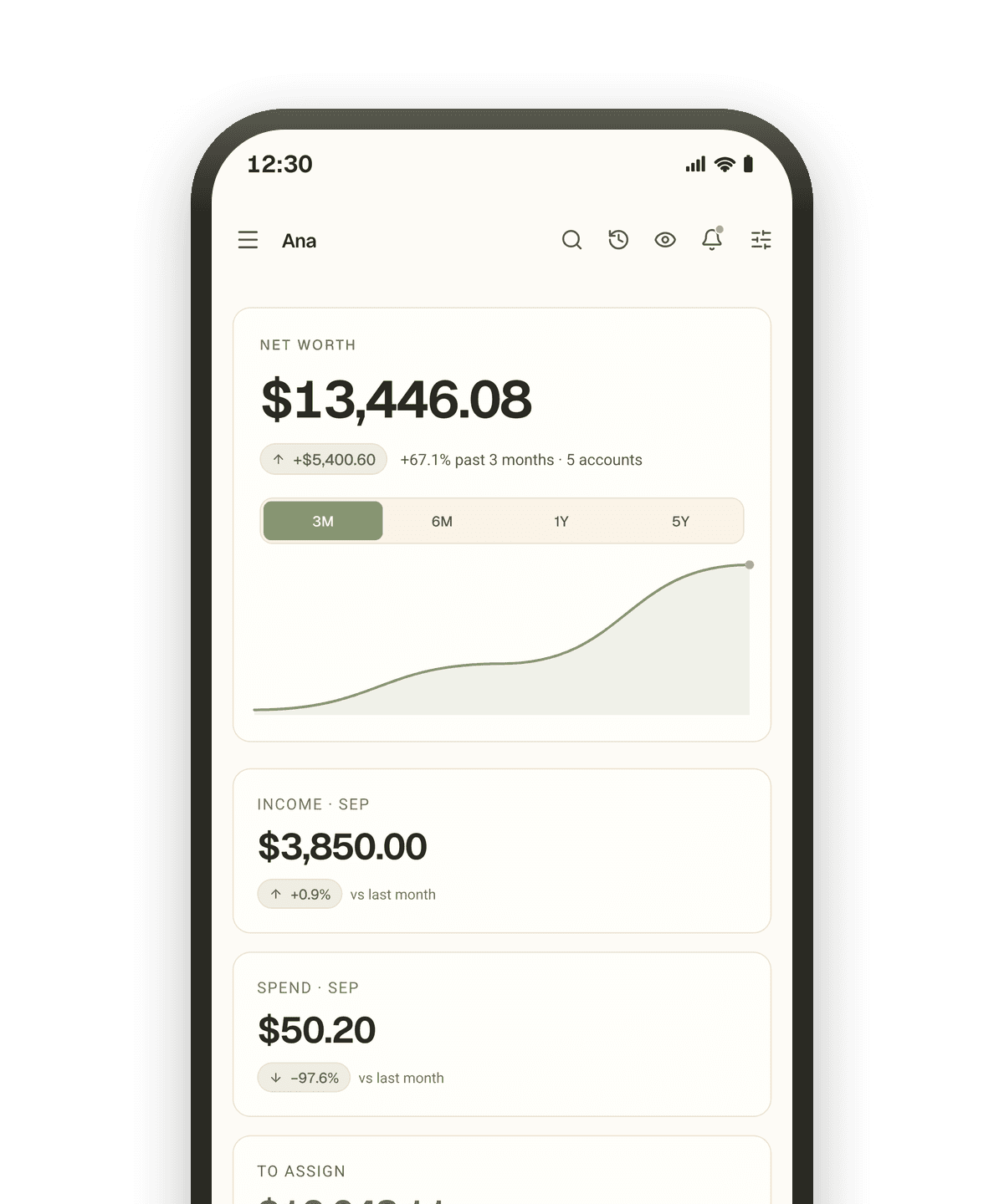 The vokse dashboard on an Android phone: net worth over the past three months, this month's income and this month's spend